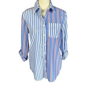 Lands' End red white and blue striped long sleeve collared button down shirt XSP